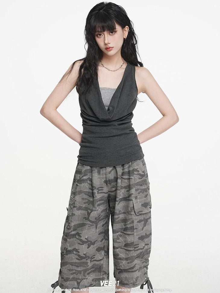 VEEMIX Cement Gray Camouflage Cargo Drawstring Pockets Women's Cropped Jeans