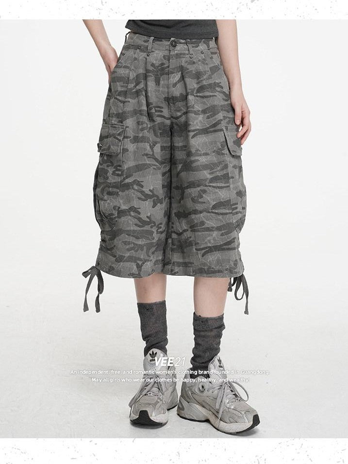 VEEMIX Cement Gray Camouflage Cargo Drawstring Pockets Women's Cropped Jeans