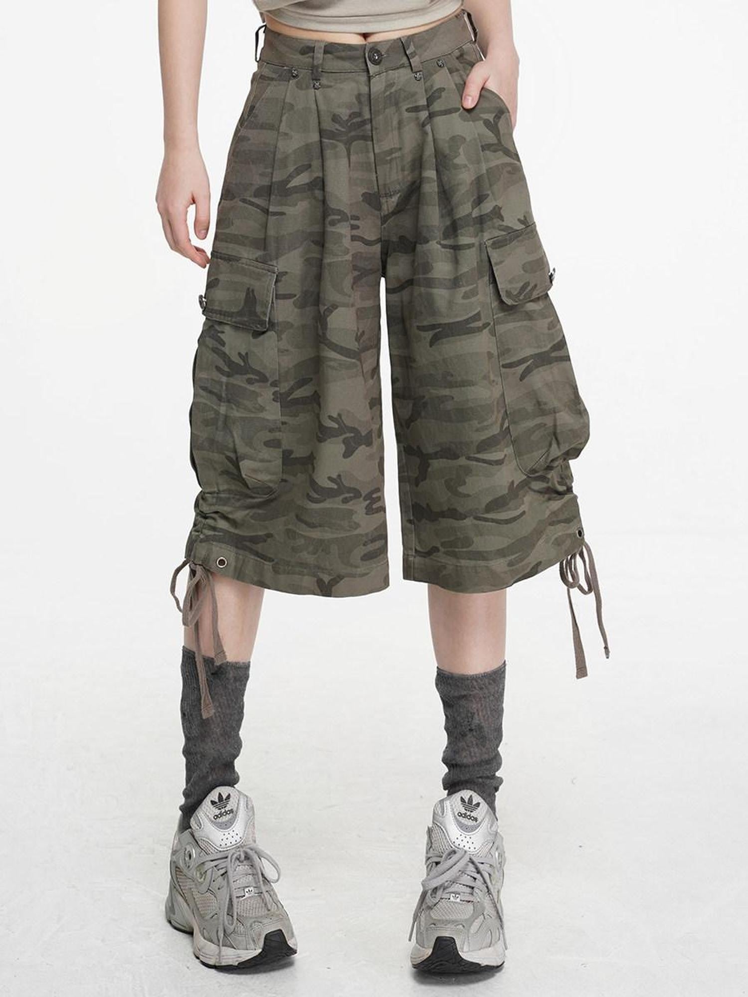 VEEMIX Cement Gray Camouflage Cargo Drawstring Pockets Women's Cropped Jeans