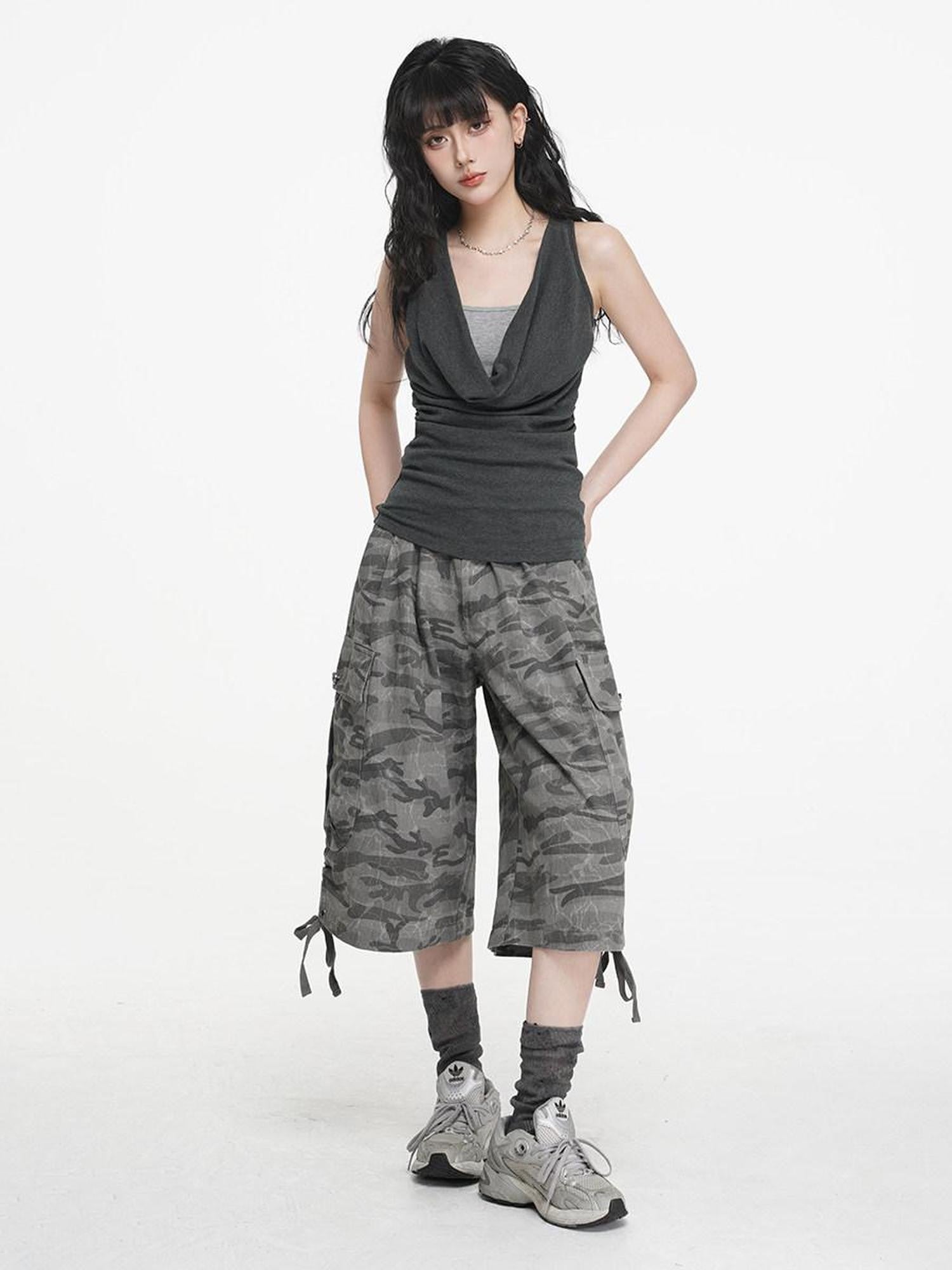 VEEMIX Cement Gray Camouflage Cargo Drawstring Pockets Women's Cropped Jeans
