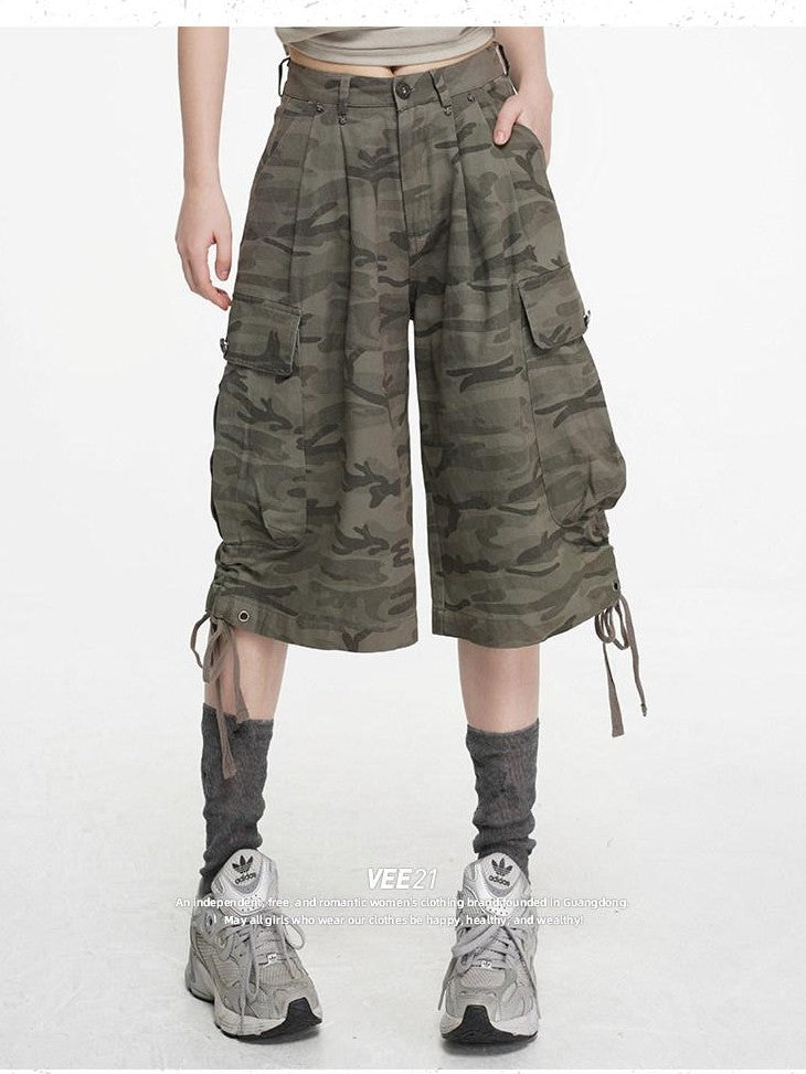 VEEMIX Cement Gray Camouflage Cargo Drawstring Pockets Women's Cropped Jeans