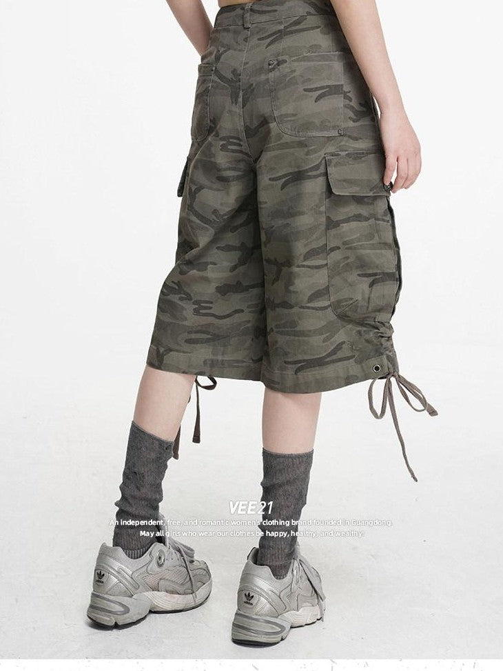 VEEMIX Cement Gray Camouflage Cargo Drawstring Pockets Women's Cropped Jeans