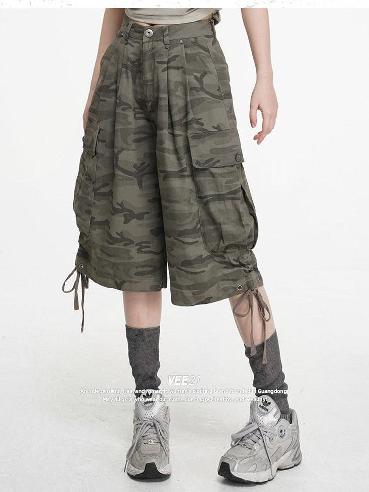 VEEMIX Cement Gray Camouflage Cargo Drawstring Pockets Women's Cropped Jeans