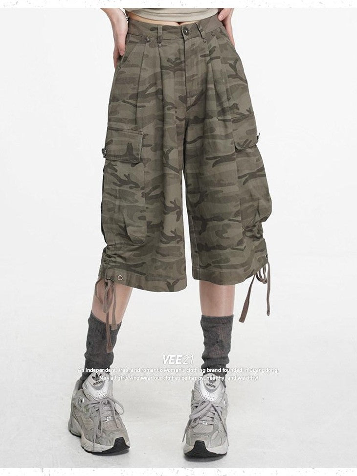 VEEMIX Cement Gray Camouflage Cargo Drawstring Pockets Women's Cropped Jeans