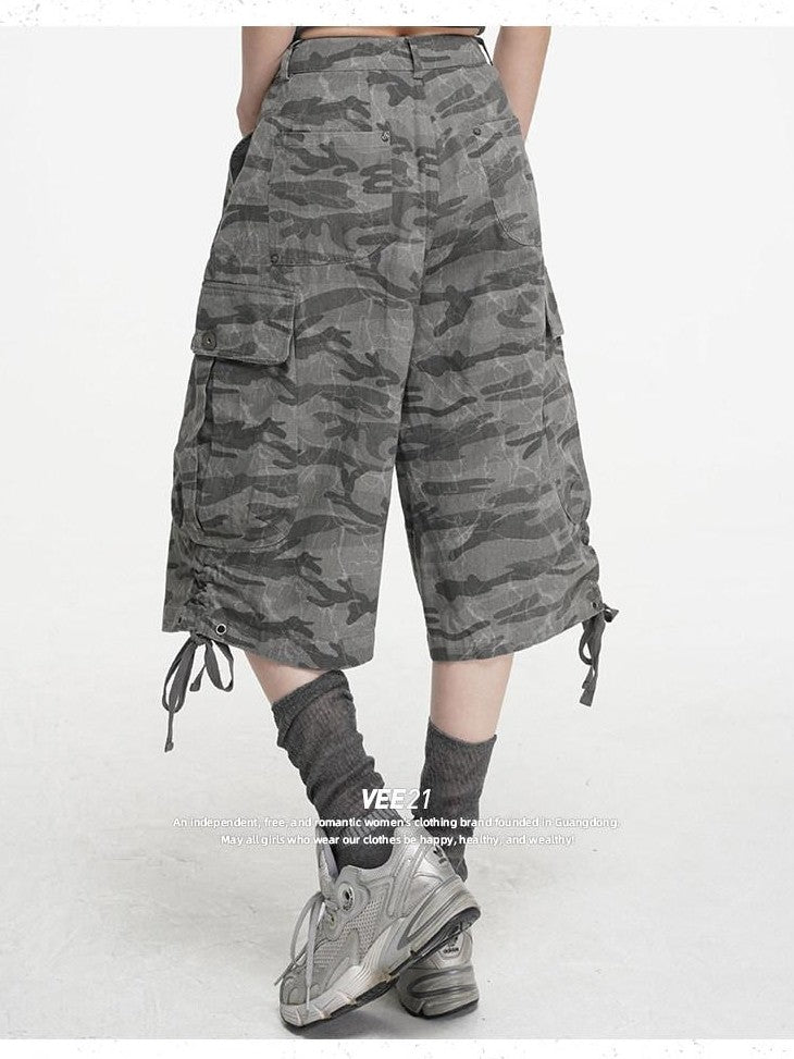VEEMIX Cement Gray Camouflage Cargo Drawstring Pockets Women's Cropped Jeans
