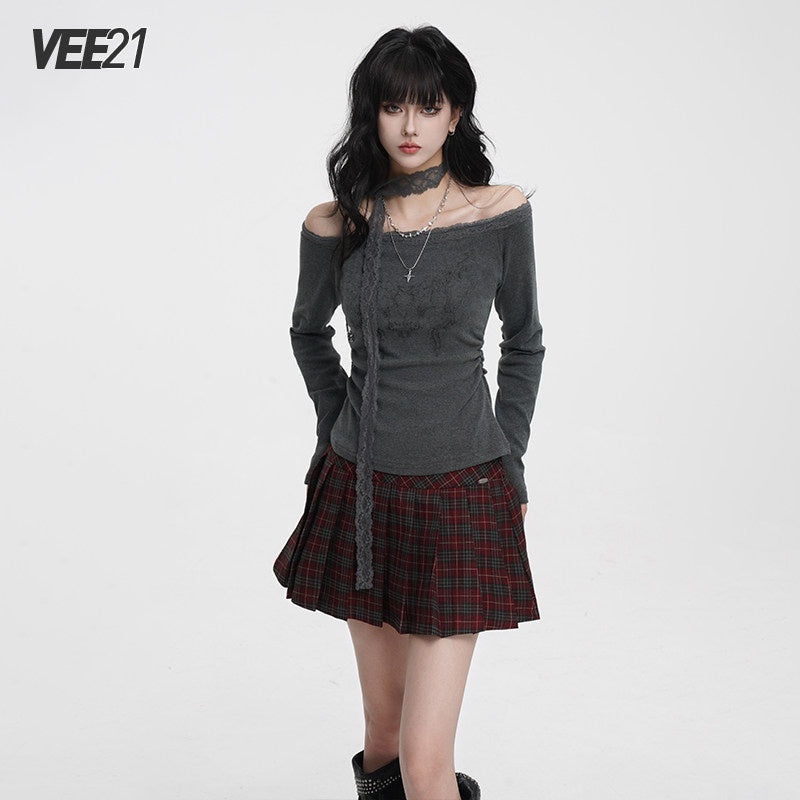 VEEMIX_Charcoal_Ruched_Lace_Trim_One_Shoulder_Women's_Cotton_Blend_Long_Sleeve_T-shirts_980149470626_MISSTT