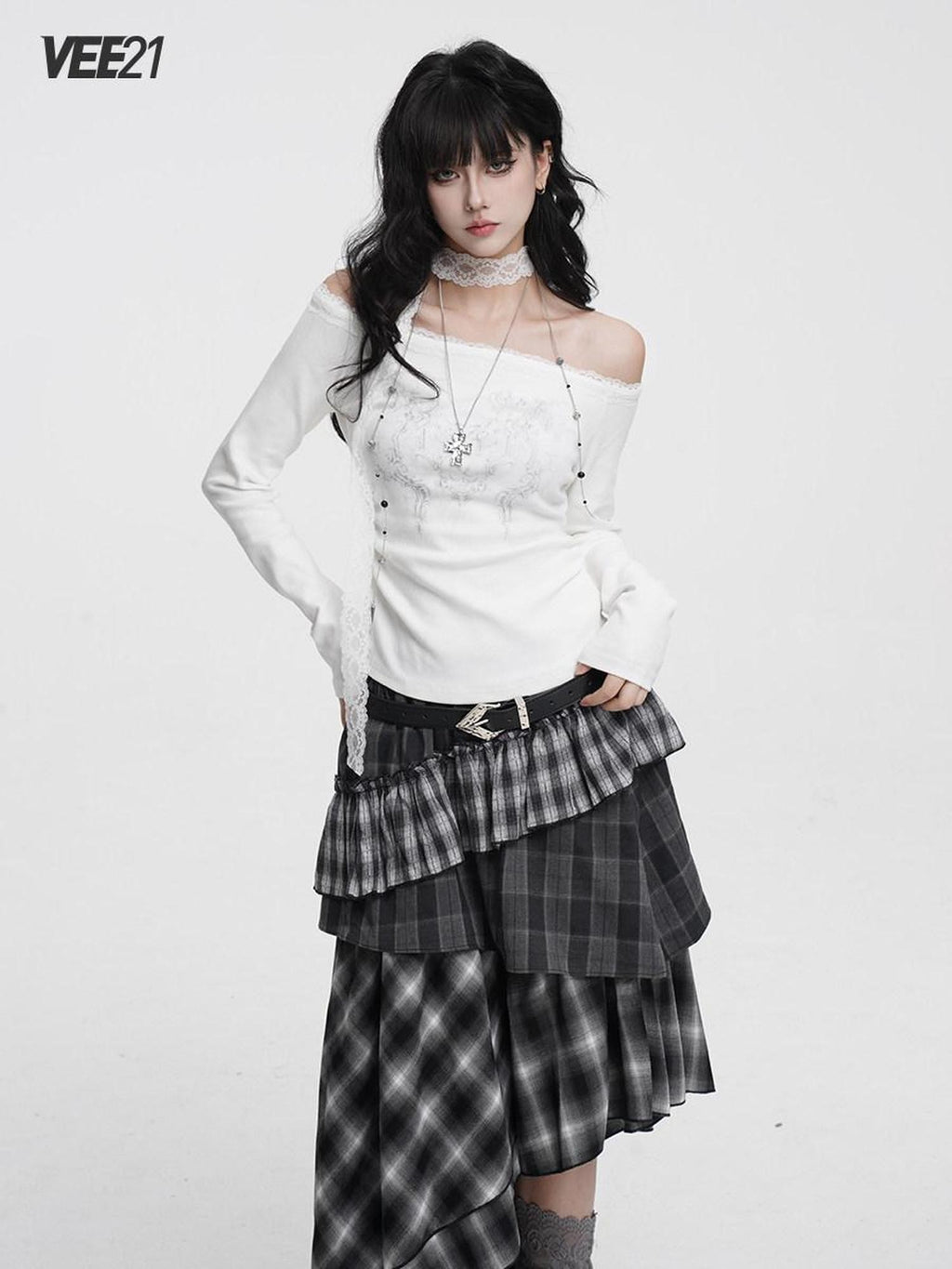 VEEMIX Charcoal Ruched Lace Trim One Shoulder Women's Cotton Blend Long Sleeve T-shirts