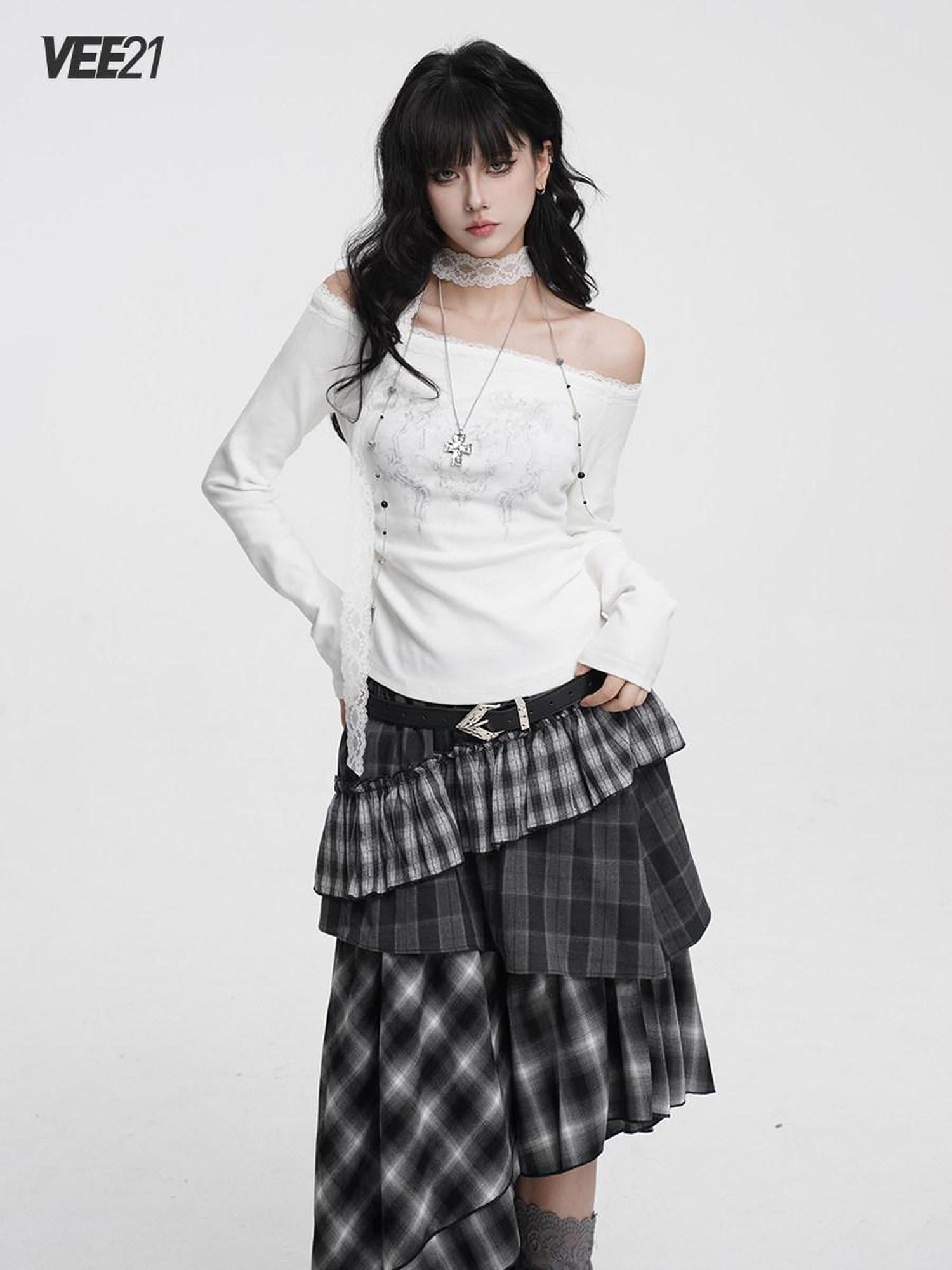 VEEMIX Charcoal Ruched Lace Trim One Shoulder Women's Cotton Blend Long Sleeve T-shirts