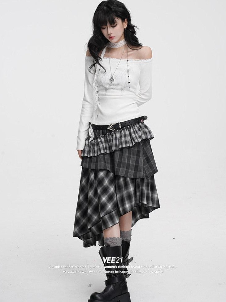 VEEMIX Charcoal Ruched Lace Trim One Shoulder Women's Cotton Blend Long Sleeve T-shirts