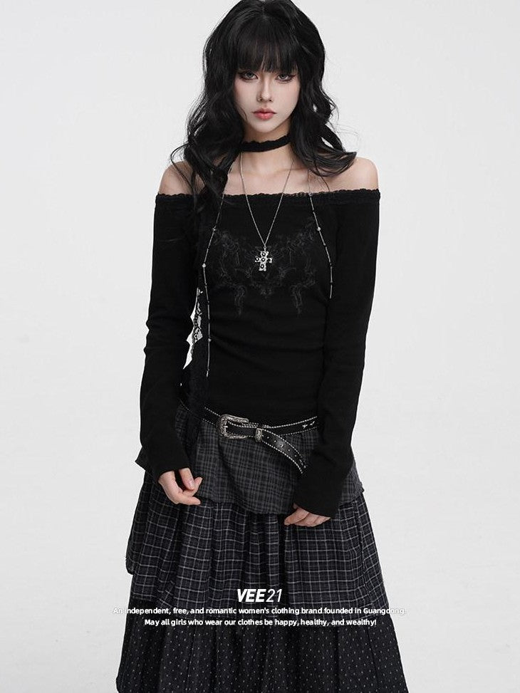 VEEMIX Charcoal Ruched Lace Trim One Shoulder Women's Cotton Blend Long Sleeve T-shirts