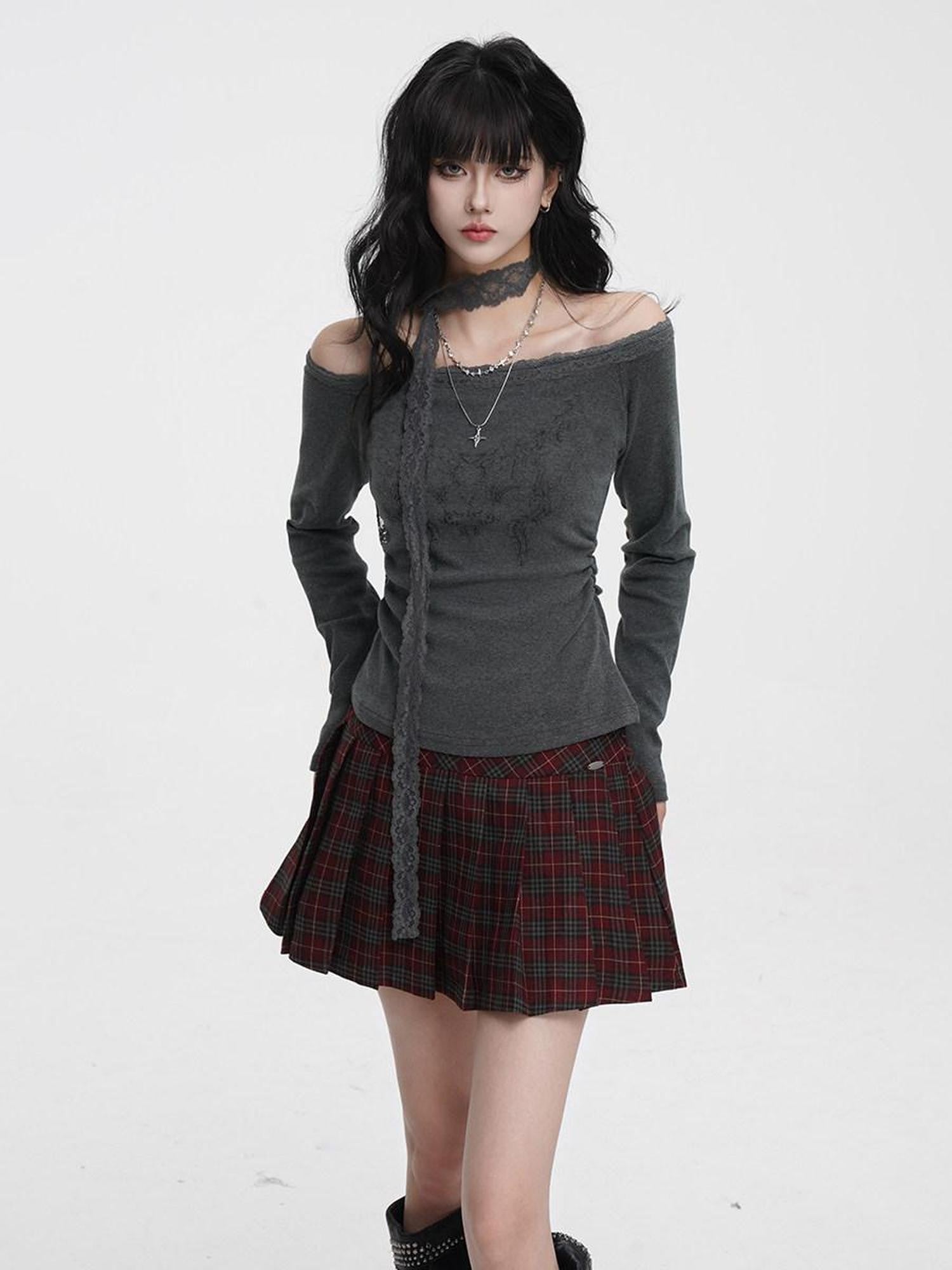 VEEMIX Charcoal Ruched Lace Trim One Shoulder Women's Cotton Blend Long Sleeve T-shirts