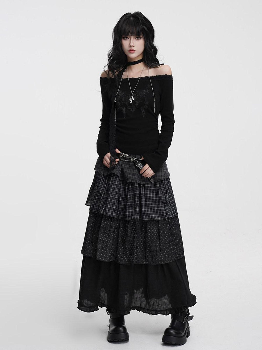 VEEMIX Charcoal Ruched Lace Trim One Shoulder Women's Cotton Blend Long Sleeve T-shirts