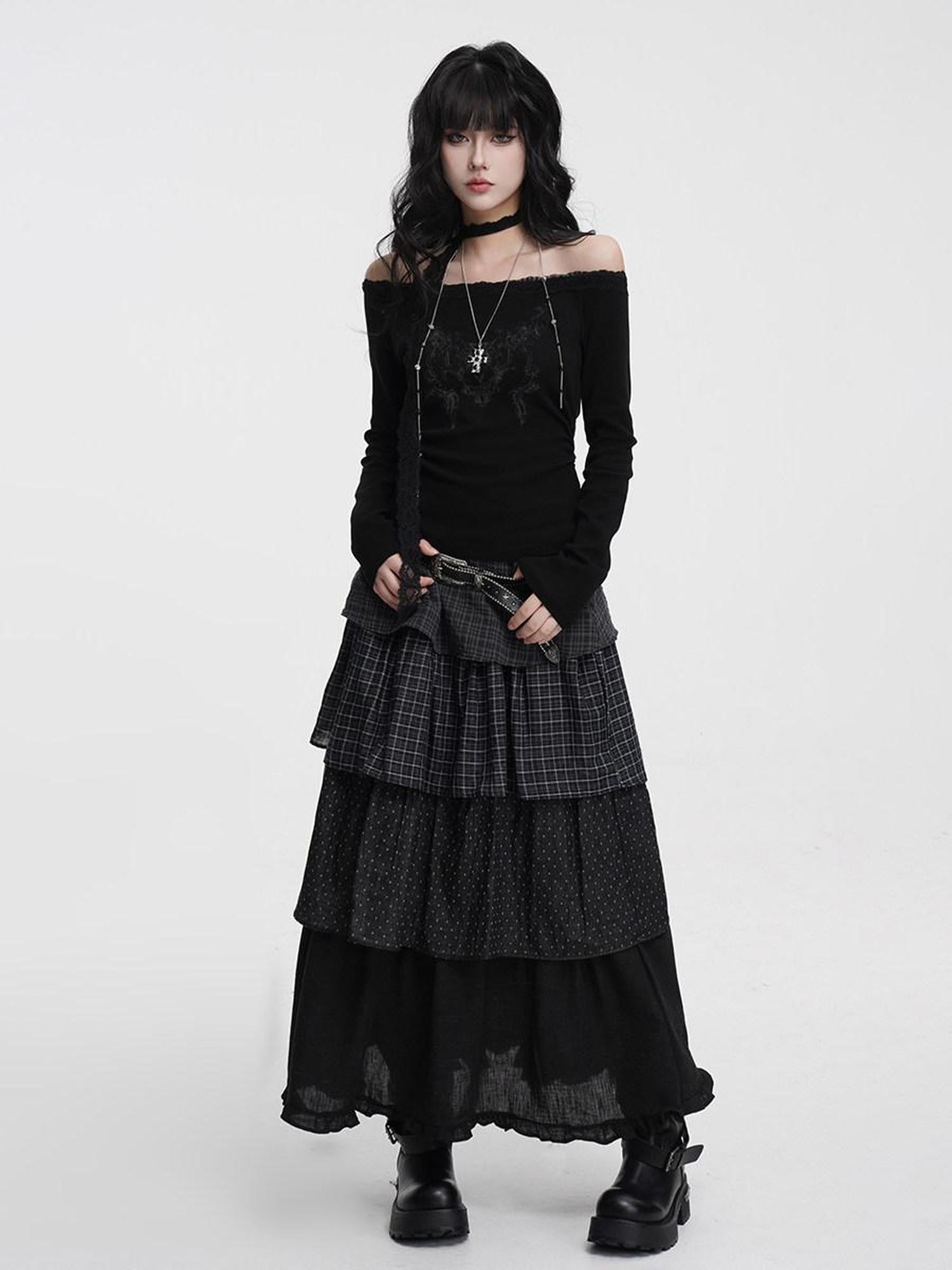 VEEMIX Charcoal Ruched Lace Trim One Shoulder Women's Cotton Blend Long Sleeve T-shirts
