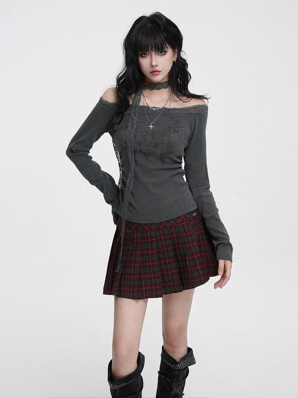 VEEMIX Charcoal Ruched Lace Trim One Shoulder Women's Cotton Blend Long Sleeve T-shirts