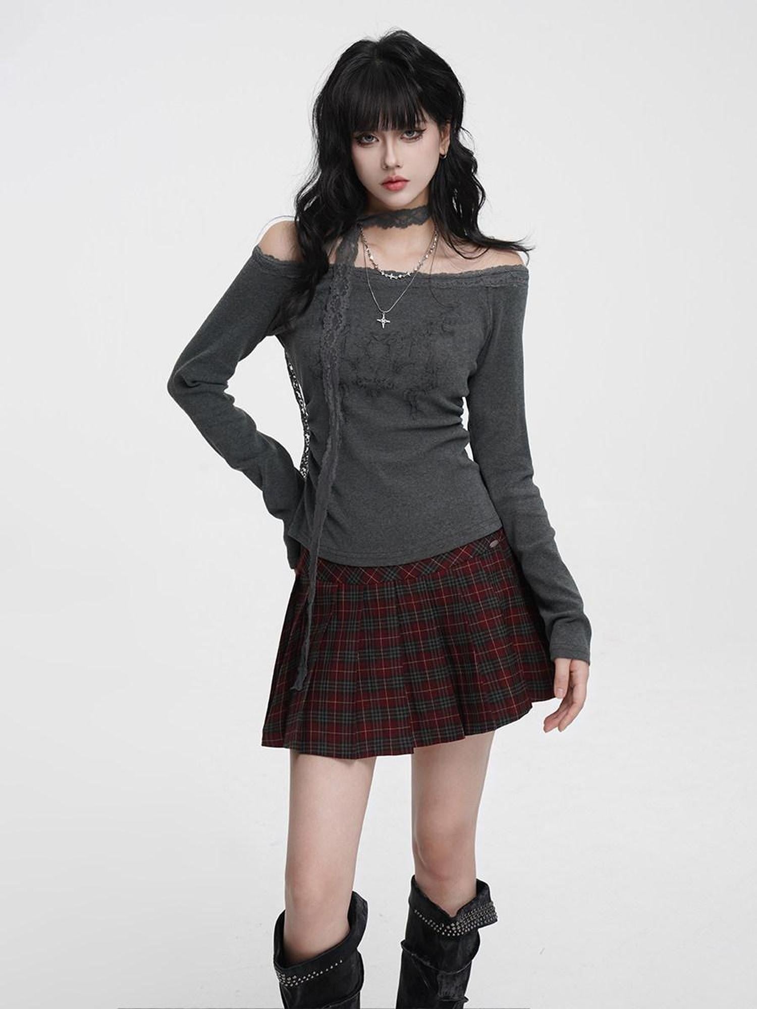 VEEMIX Charcoal Ruched Lace Trim One Shoulder Women's Cotton Blend Long Sleeve T-shirts