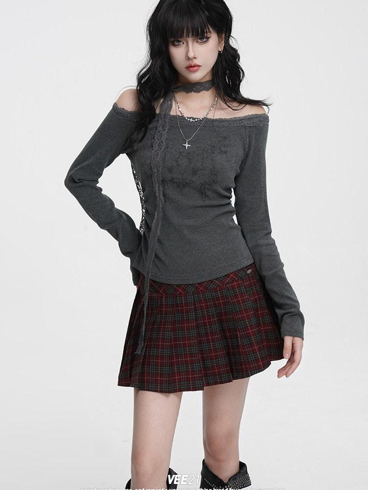 VEEMIX Charcoal Ruched Lace Trim One Shoulder Women's Cotton Blend Long Sleeve T-shirts