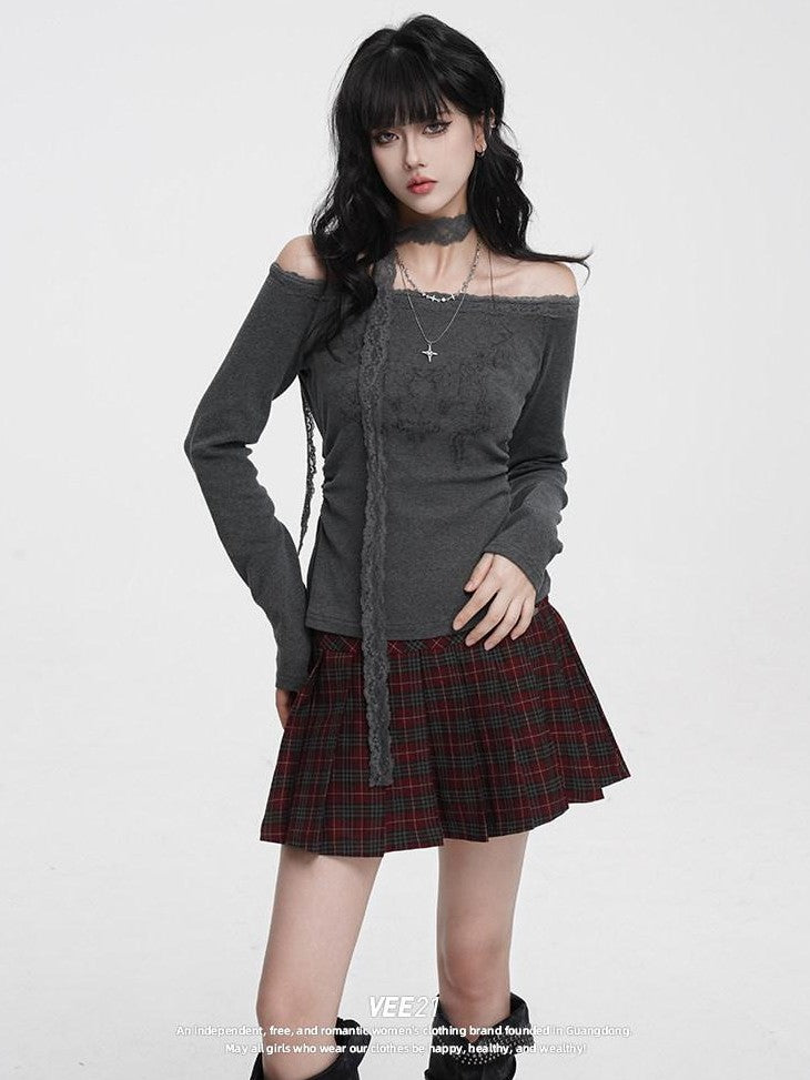 VEEMIX Charcoal Ruched Lace Trim One Shoulder Women's Cotton Blend Long Sleeve T-shirts