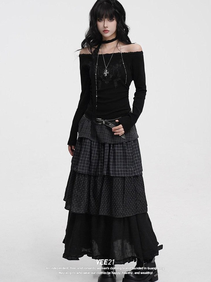 VEEMIX Charcoal Ruched Lace Trim One Shoulder Women's Cotton Blend Long Sleeve T-shirts