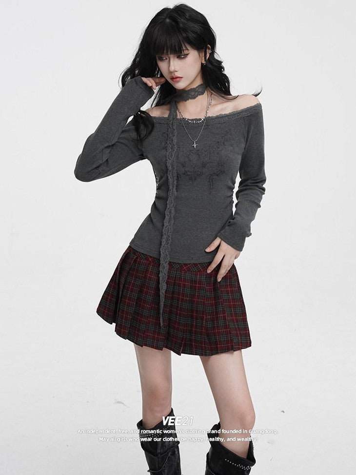 VEEMIX Charcoal Ruched Lace Trim One Shoulder Women's Cotton Blend Long Sleeve T-shirts