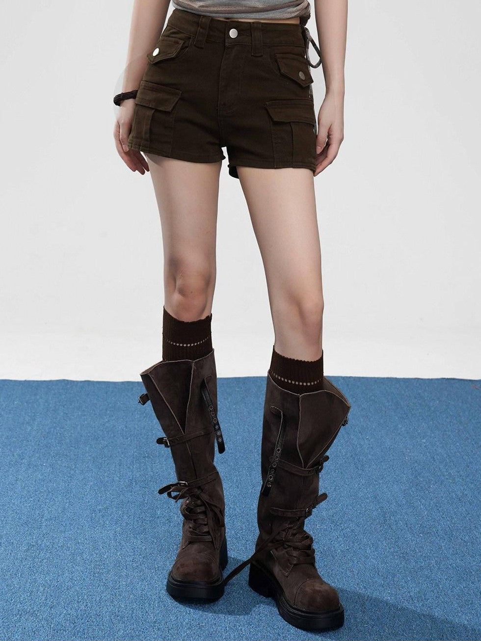 VEEMIX Chestnut Brown Multi Pocket Low Waist Slim Fit Women's Cotton Denim Shorts