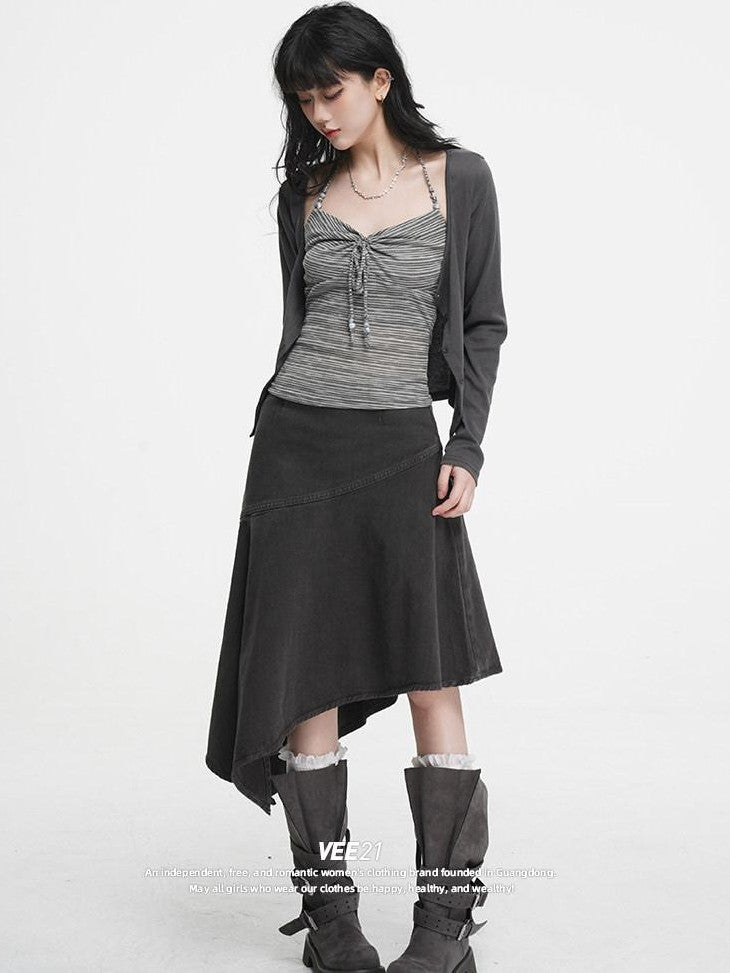 VEEMIX Coffee Brown Asymmetric Patchwork Bodycon Low Waist Women's Denim Midi Skirts