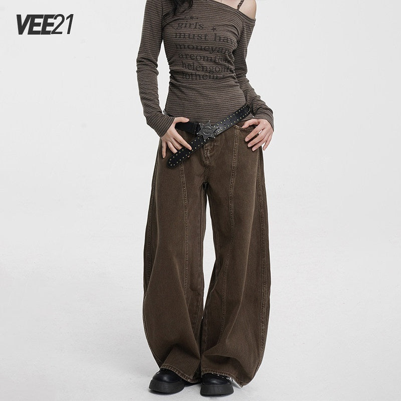 VEEMIX_Coffee_Brown_Curved_Blade_Topstitch_Button_Low_Waist_Women's_Barrel-leg_Jeans_982839976084_MISSTT