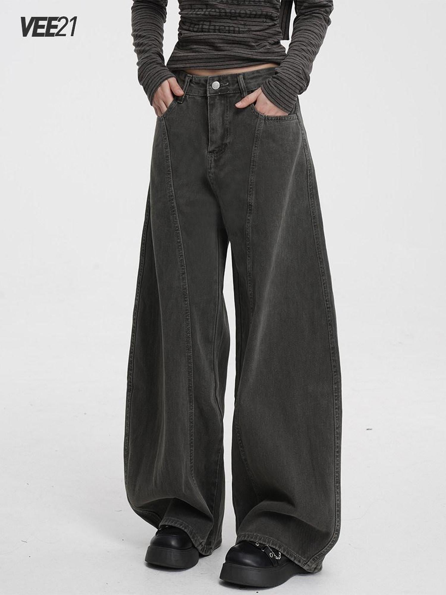 VEEMIX Coffee Brown Curved Blade Topstitch Button Low Waist Women's Barrel-leg Jeans