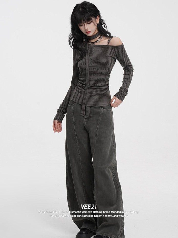 VEEMIX Coffee Brown Curved Blade Topstitch Button Low Waist Women's Barrel-leg Jeans