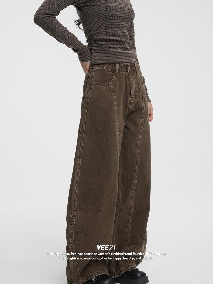 VEEMIX Coffee Brown Curved Blade Topstitch Button Low Waist Women's Barrel-leg Jeans