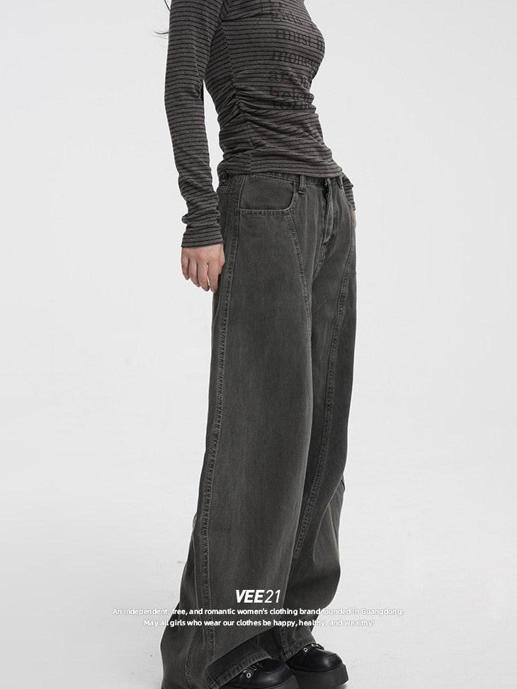 VEEMIX Coffee Brown Curved Blade Topstitch Button Low Waist Women's Barrel-leg Jeans