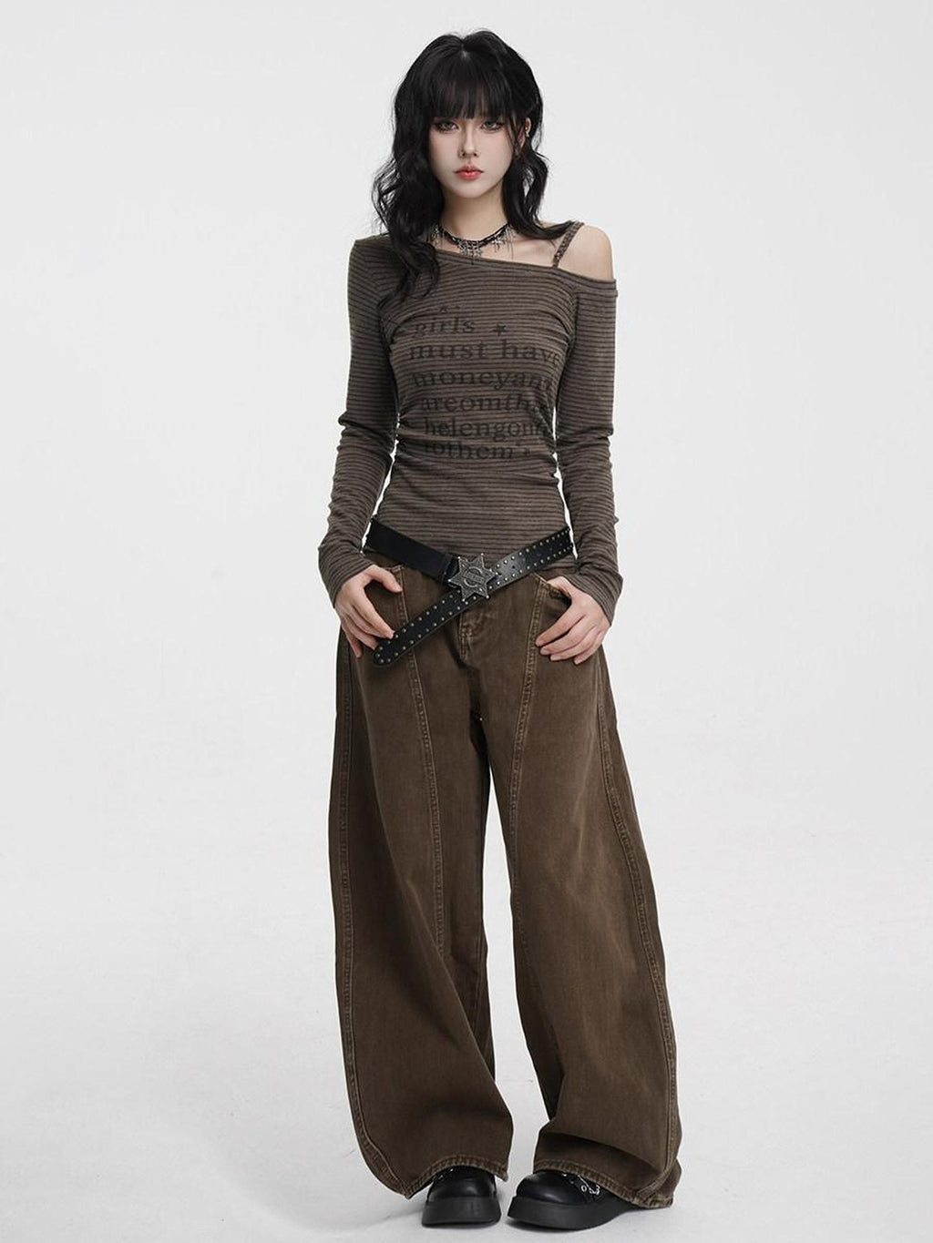 VEEMIX Coffee Brown Curved Blade Topstitch Button Low Waist Women's Barrel-leg Jeans