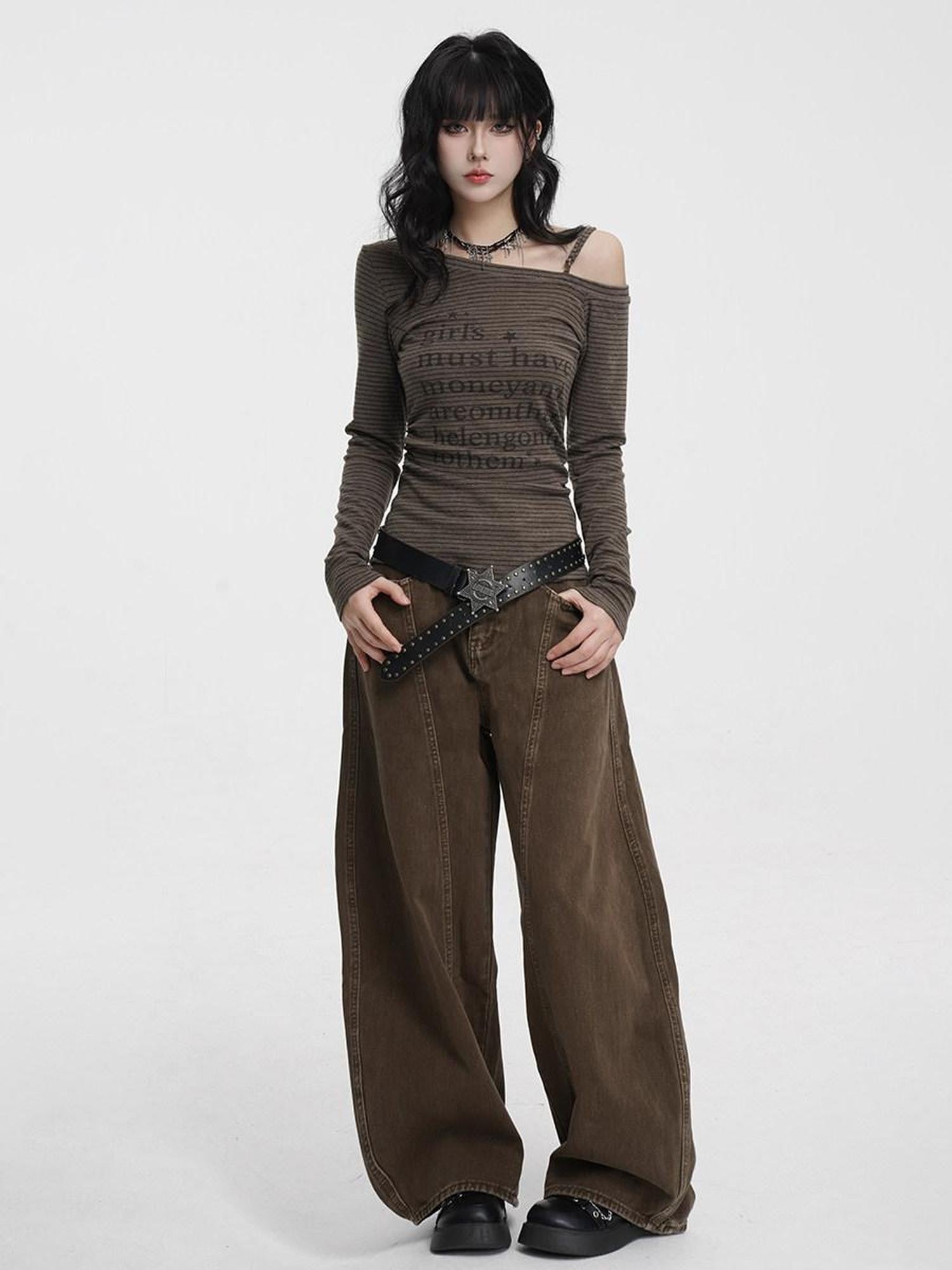 VEEMIX Coffee Brown Curved Blade Topstitch Button Low Waist Women's Barrel-leg Jeans