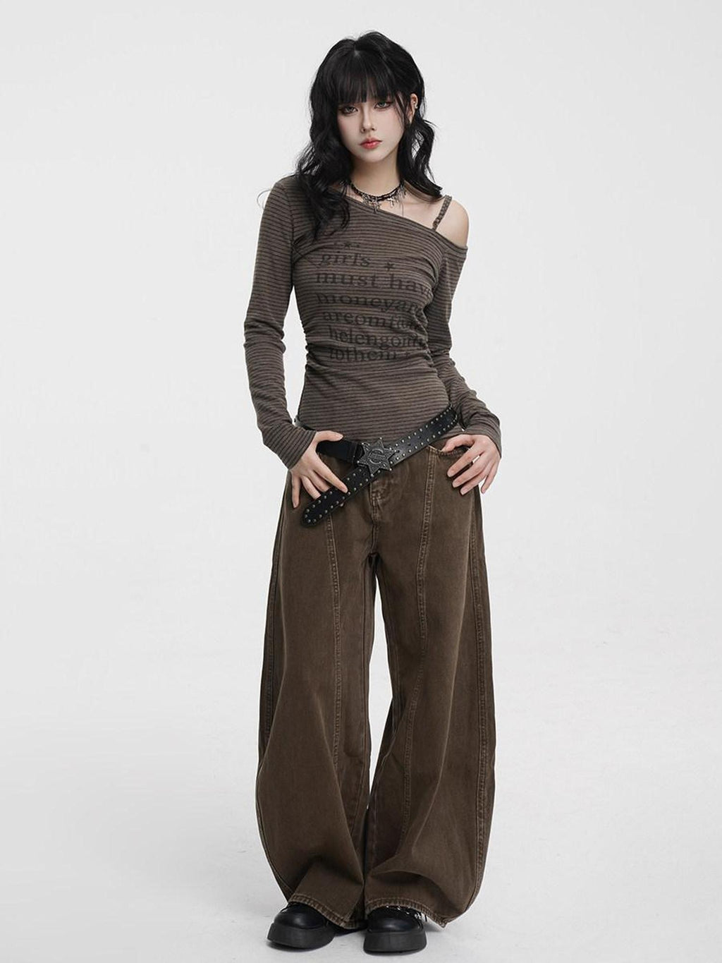 VEEMIX Coffee Brown Curved Blade Topstitch Button Low Waist Women's Barrel-leg Jeans