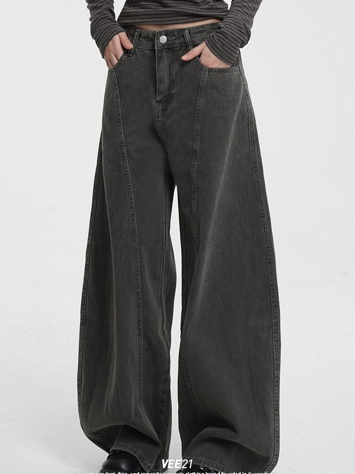 VEEMIX Coffee Brown Curved Blade Topstitch Button Low Waist Women's Barrel-leg Jeans
