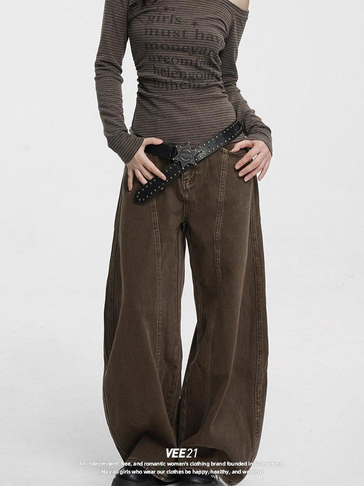 VEEMIX Coffee Brown Curved Blade Topstitch Button Low Waist Women's Barrel-leg Jeans