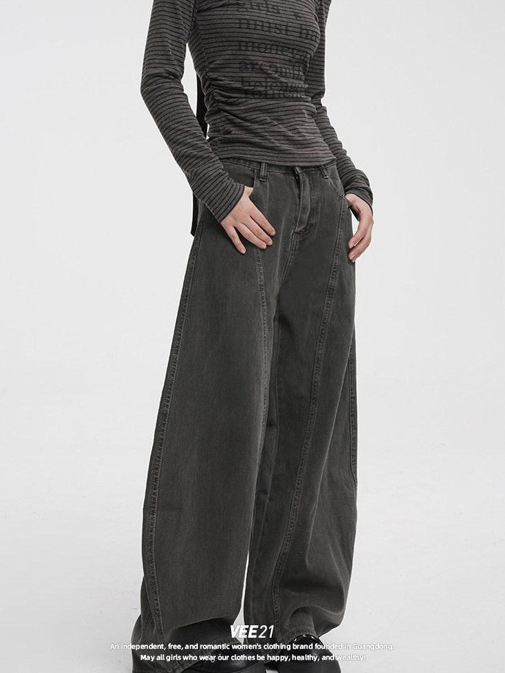 VEEMIX Coffee Brown Curved Blade Topstitch Button Low Waist Women's Barrel-leg Jeans