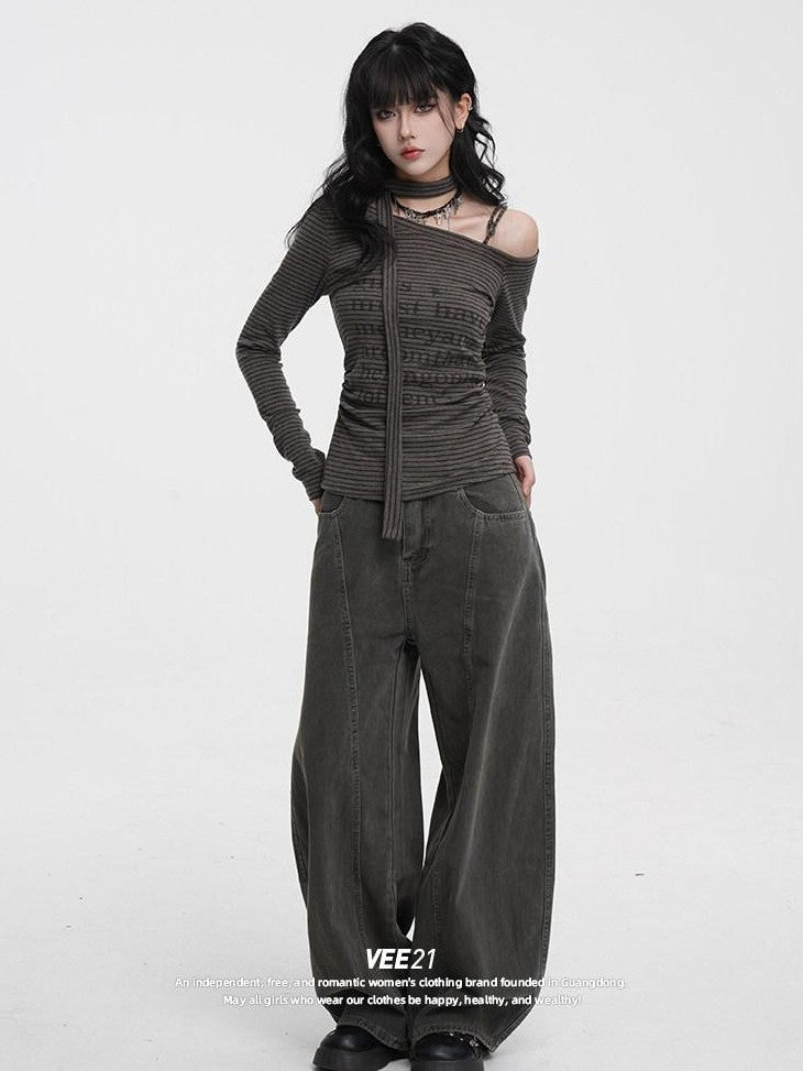 VEEMIX Coffee Brown Curved Blade Topstitch Button Low Waist Women's Barrel-leg Jeans