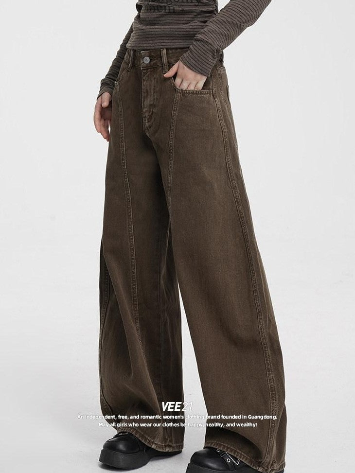 VEEMIX Coffee Brown Curved Blade Topstitch Button Low Waist Women's Barrel-leg Jeans
