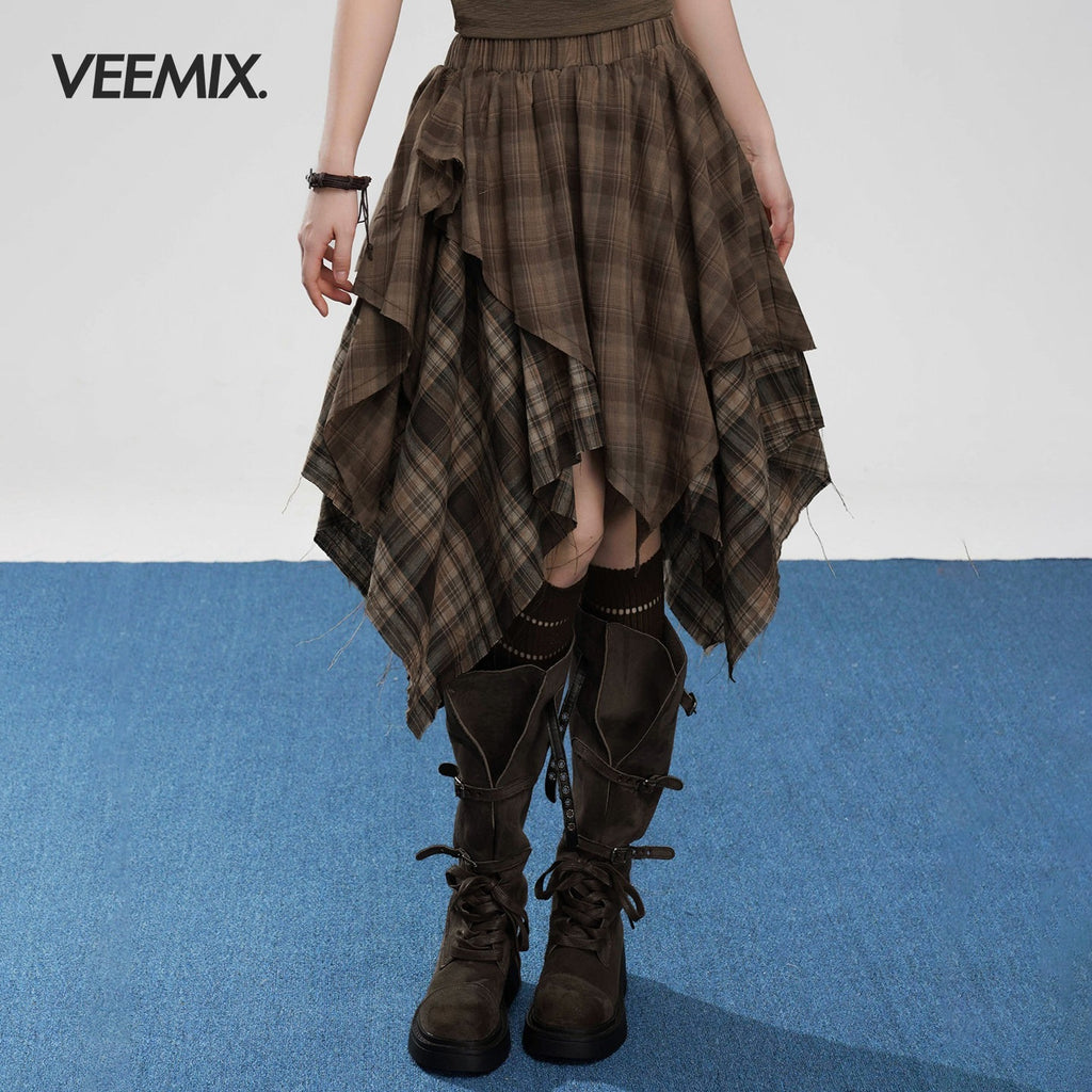 VEEMIX_Coffee_Plaid_Asymmetrical_High_Waist_A_Line_Women's_Cotton_Blend_Midi_Skirts_1044667583607_MISSTT