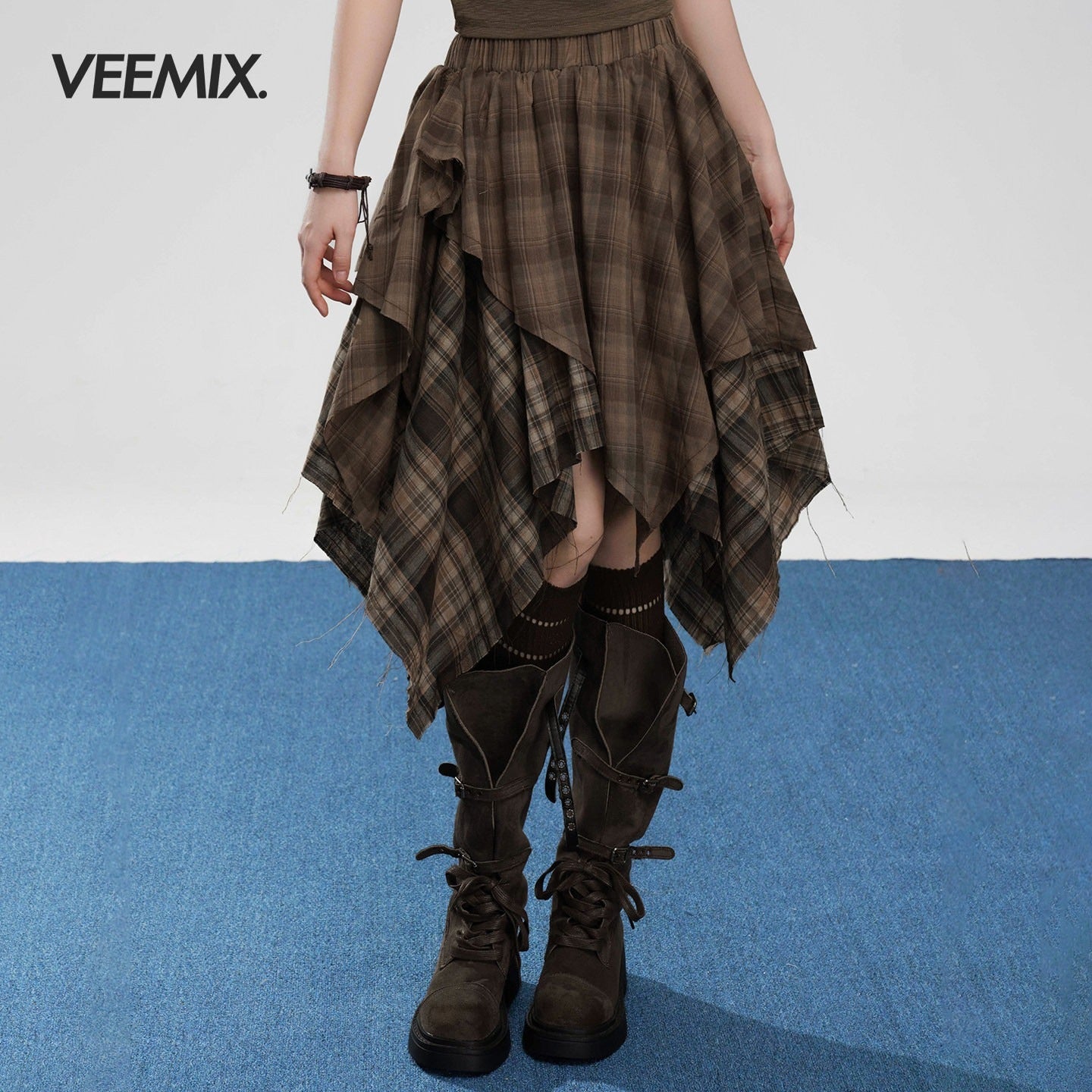 VEEMIX_Coffee_Plaid_Asymmetrical_High_Waist_A_Line_Women's_Cotton_Blend_Midi_Skirts_1044667583607_MISSTT