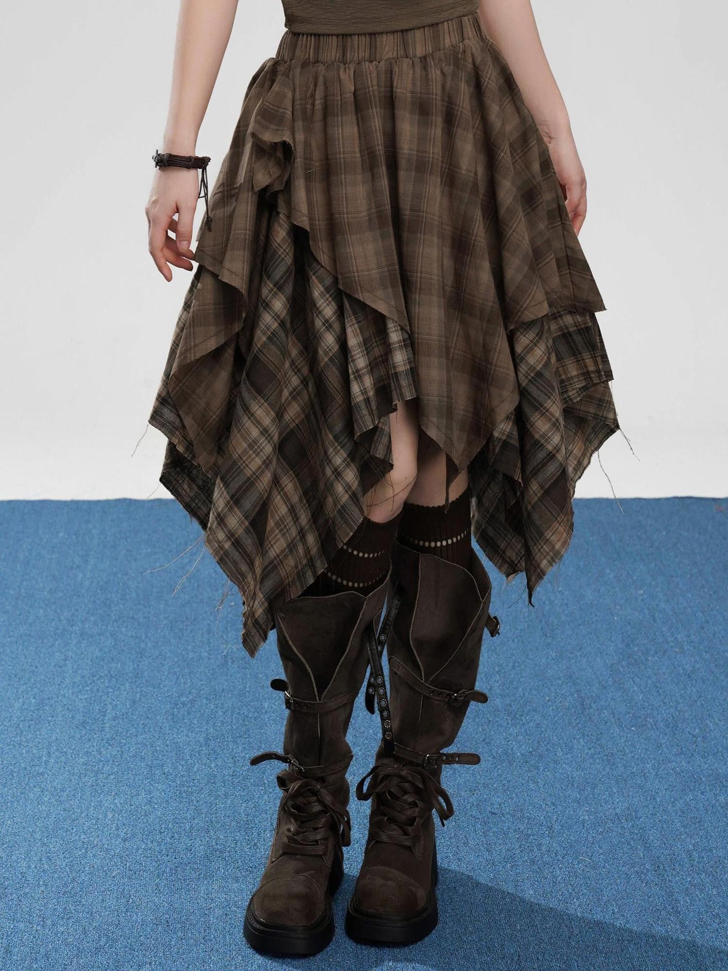 VEEMIX Coffee Plaid Asymmetrical High Waist A Line Women's Cotton Blend Midi Skirts
