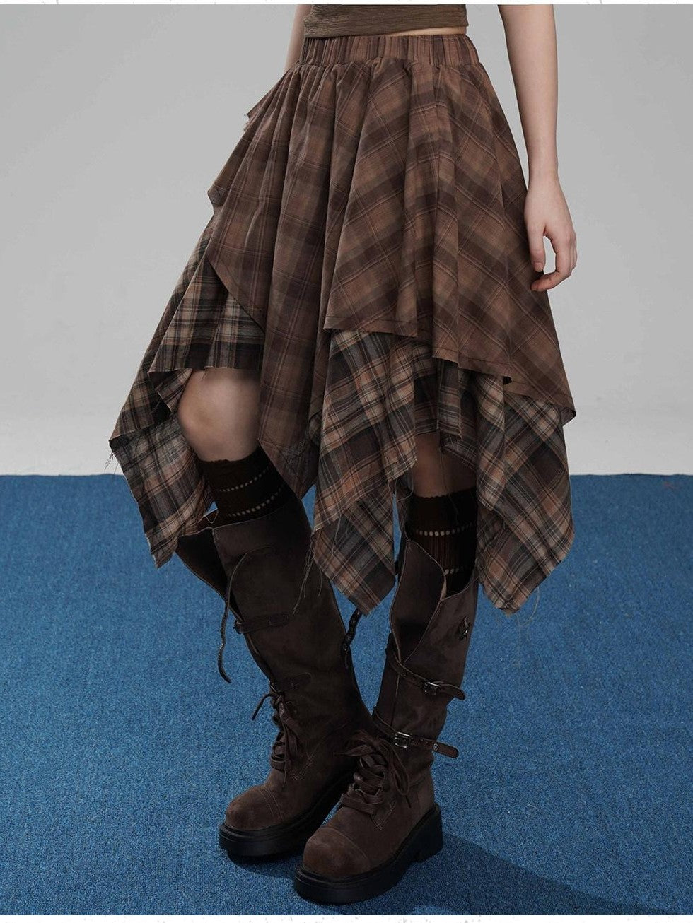 VEEMIX Coffee Plaid Asymmetrical High Waist A Line Women's Cotton Blend Midi Skirts