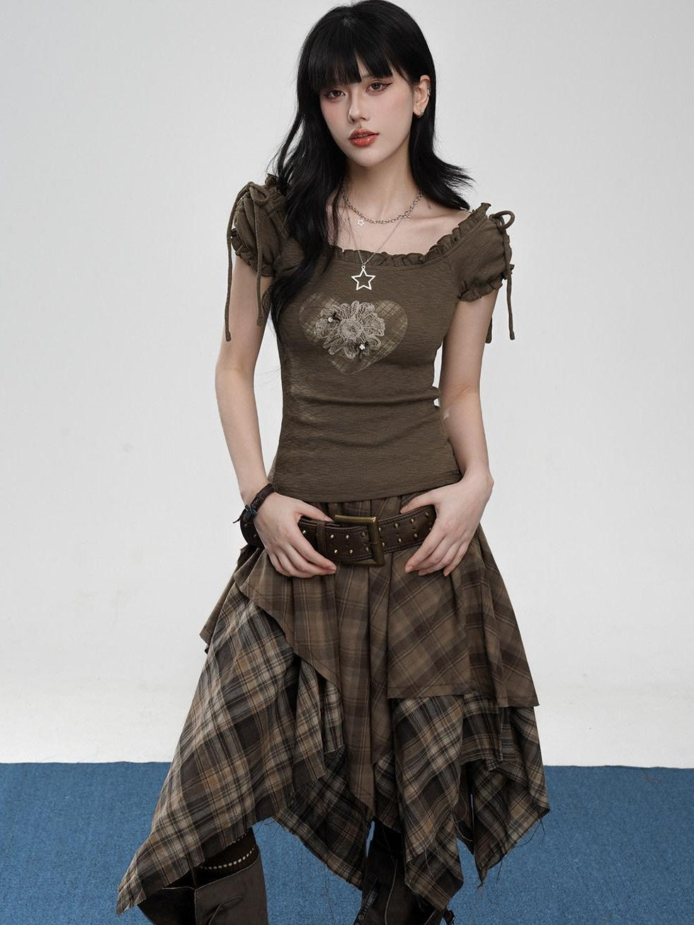VEEMIX Coffee Plaid Asymmetrical High Waist A Line Women's Cotton Blend Midi Skirts