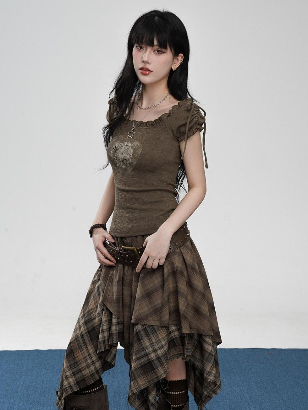 VEEMIX Coffee Plaid Asymmetrical High Waist A Line Women's Cotton Blend Midi Skirts