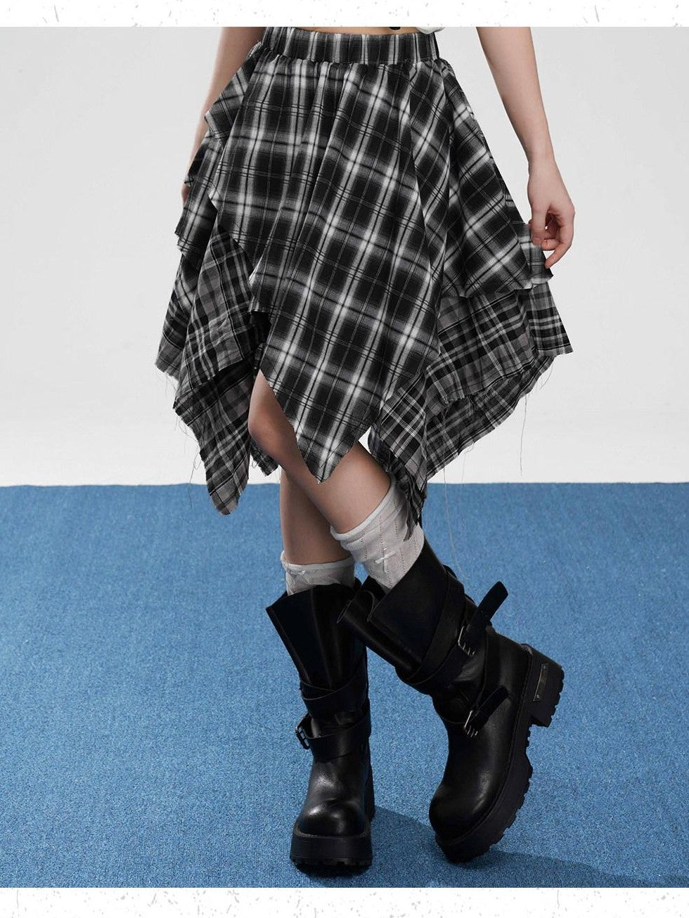 VEEMIX Coffee Plaid Asymmetrical High Waist A Line Women's Cotton Blend Midi Skirts