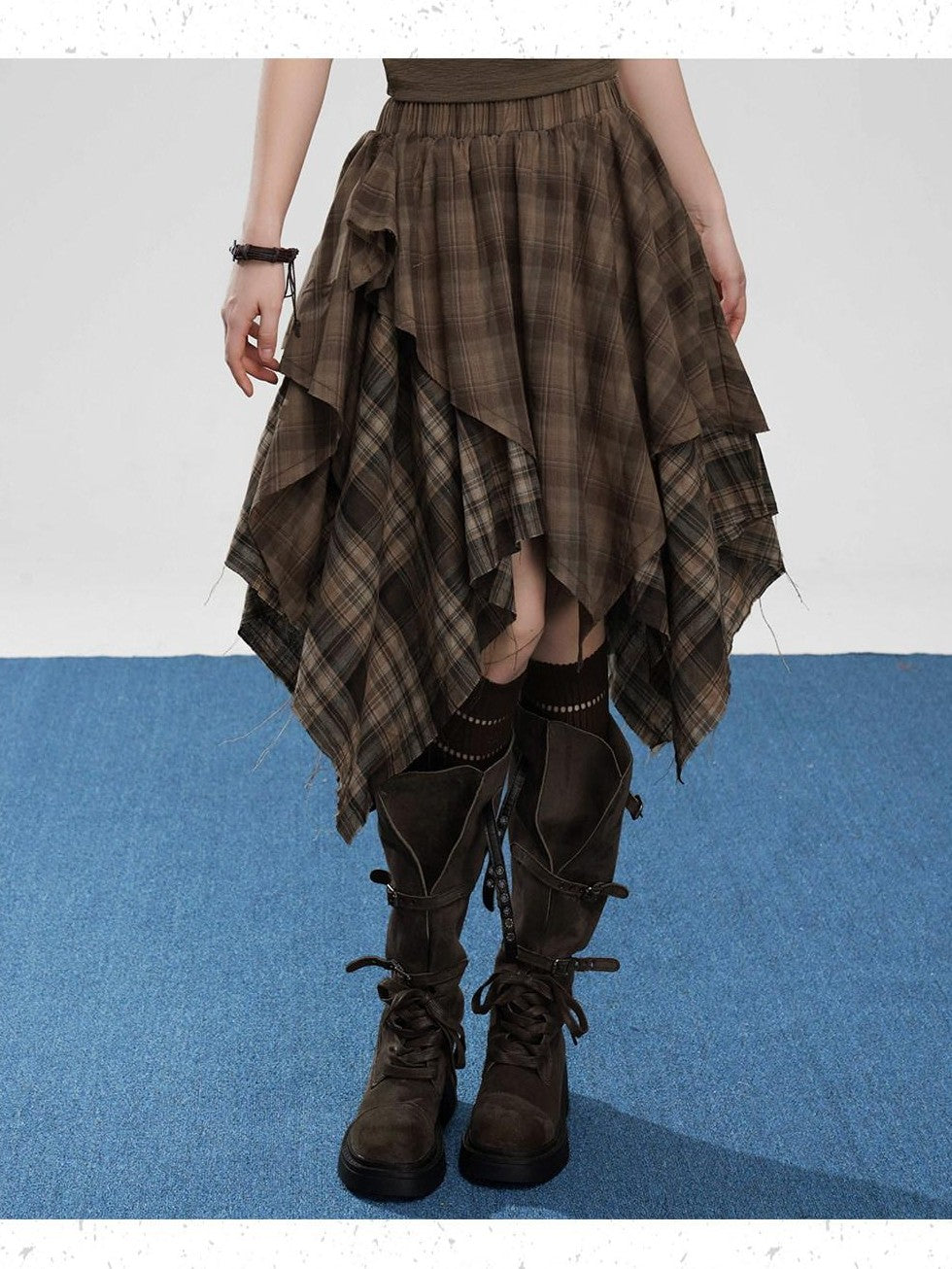 VEEMIX Coffee Plaid Asymmetrical High Waist A Line Women's Cotton Blend Midi Skirts