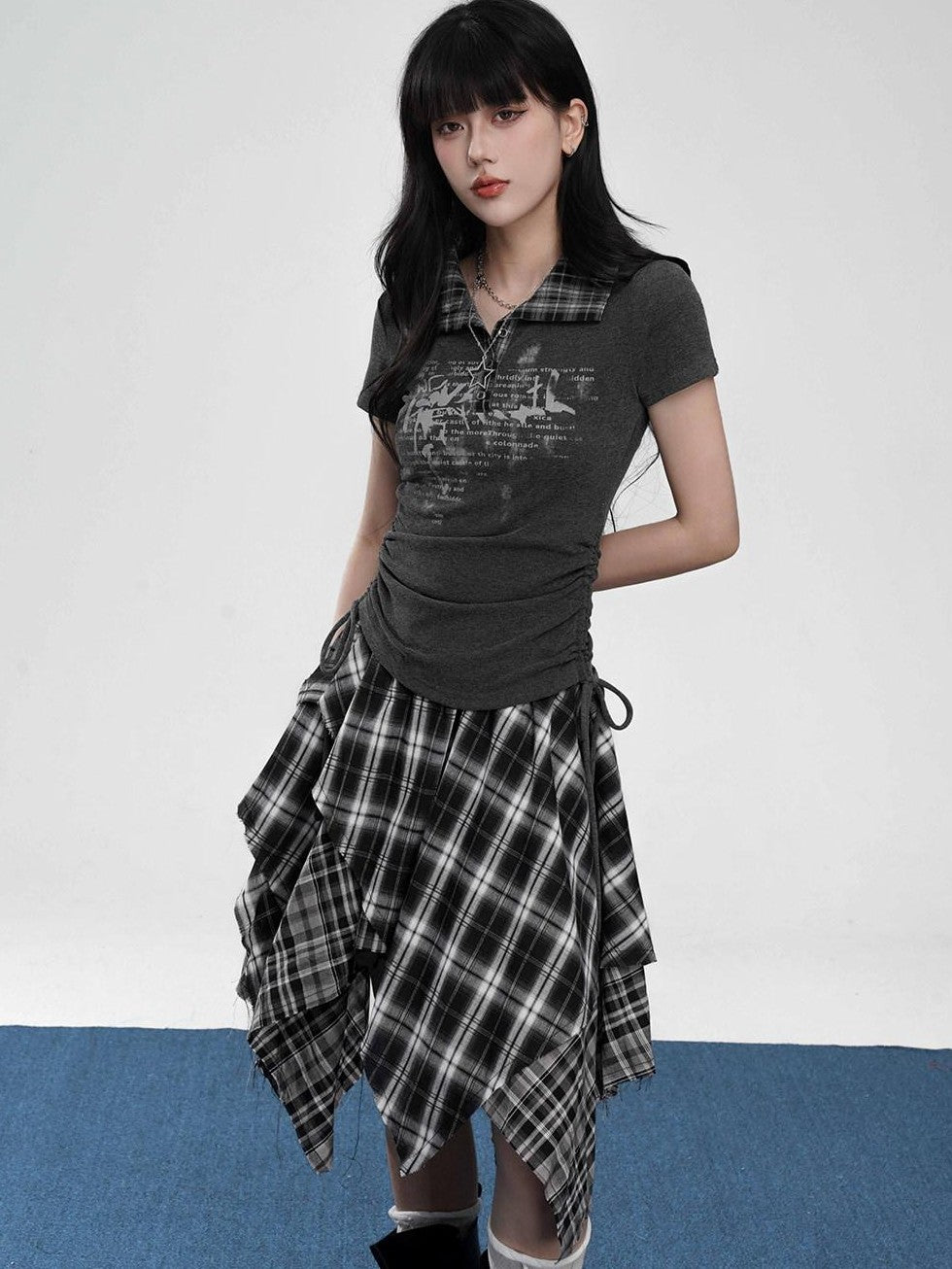VEEMIX Coffee Plaid Asymmetrical High Waist A Line Women's Cotton Blend Midi Skirts