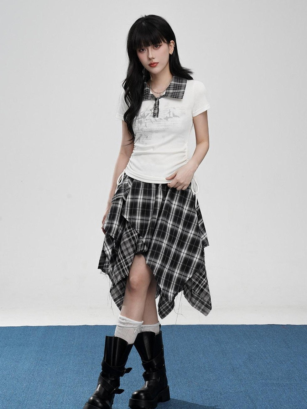 VEEMIX Coffee Plaid Asymmetrical High Waist A Line Women's Cotton Blend Midi Skirts