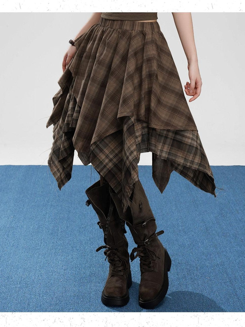 VEEMIX Coffee Plaid Asymmetrical High Waist A Line Women's Cotton Blend Midi Skirts