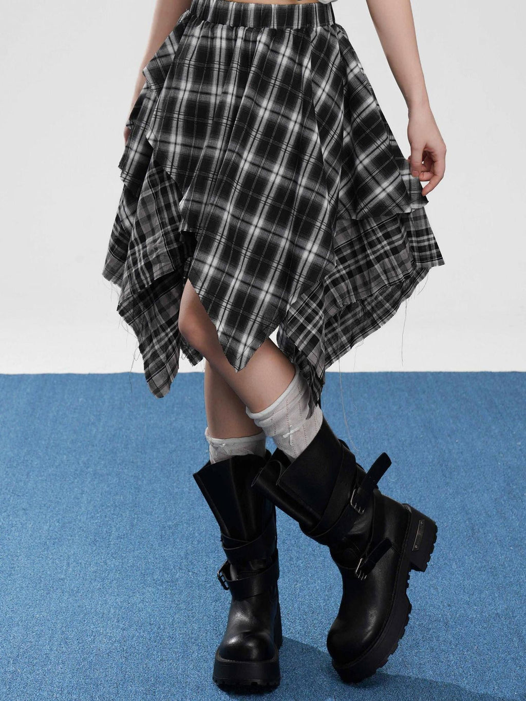 VEEMIX Coffee Plaid Asymmetrical High Waist A Line Women's Cotton Blend Midi Skirts